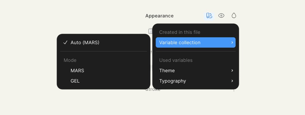Figma Appearance panel switching variable modes between MARS and GEL