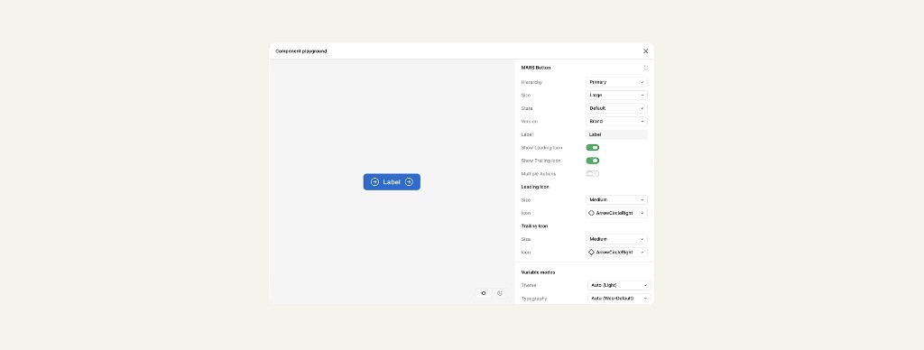 MARS Button playground with hierarchy, size, state, icons and variable modes