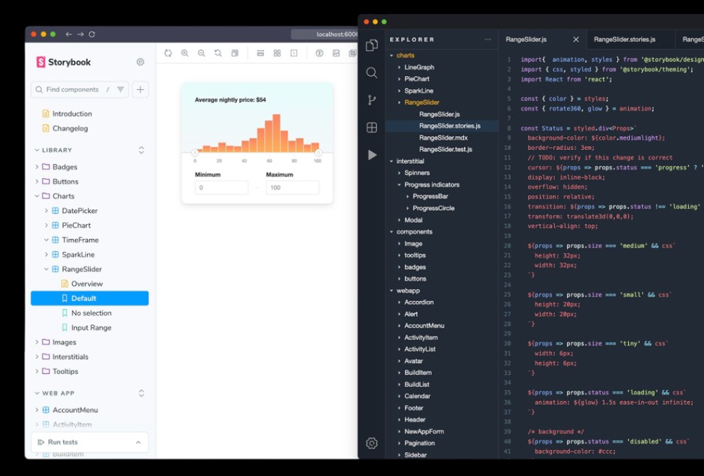 Storybook and VS Code side by side: a RangeSlider story previewed against its component source
