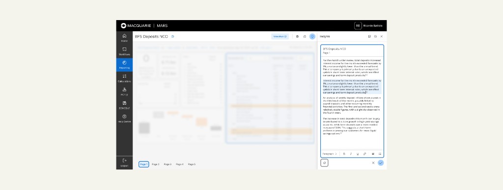 Insights sidebar open beside the BFS Deposits NCO report