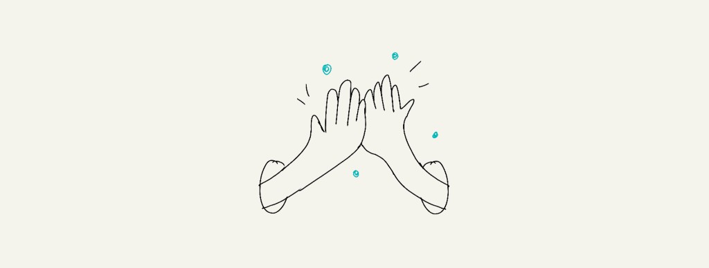 Brand illustration: a high-five with teal accent dots