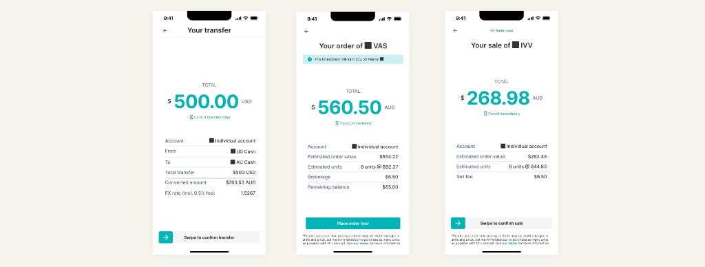 Confirmation screens for transfer, buy order, and sale with proceeds and next steps