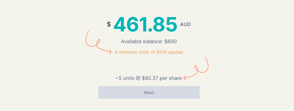 Amount entry with available balance, minimum order warning, and units at share price in context