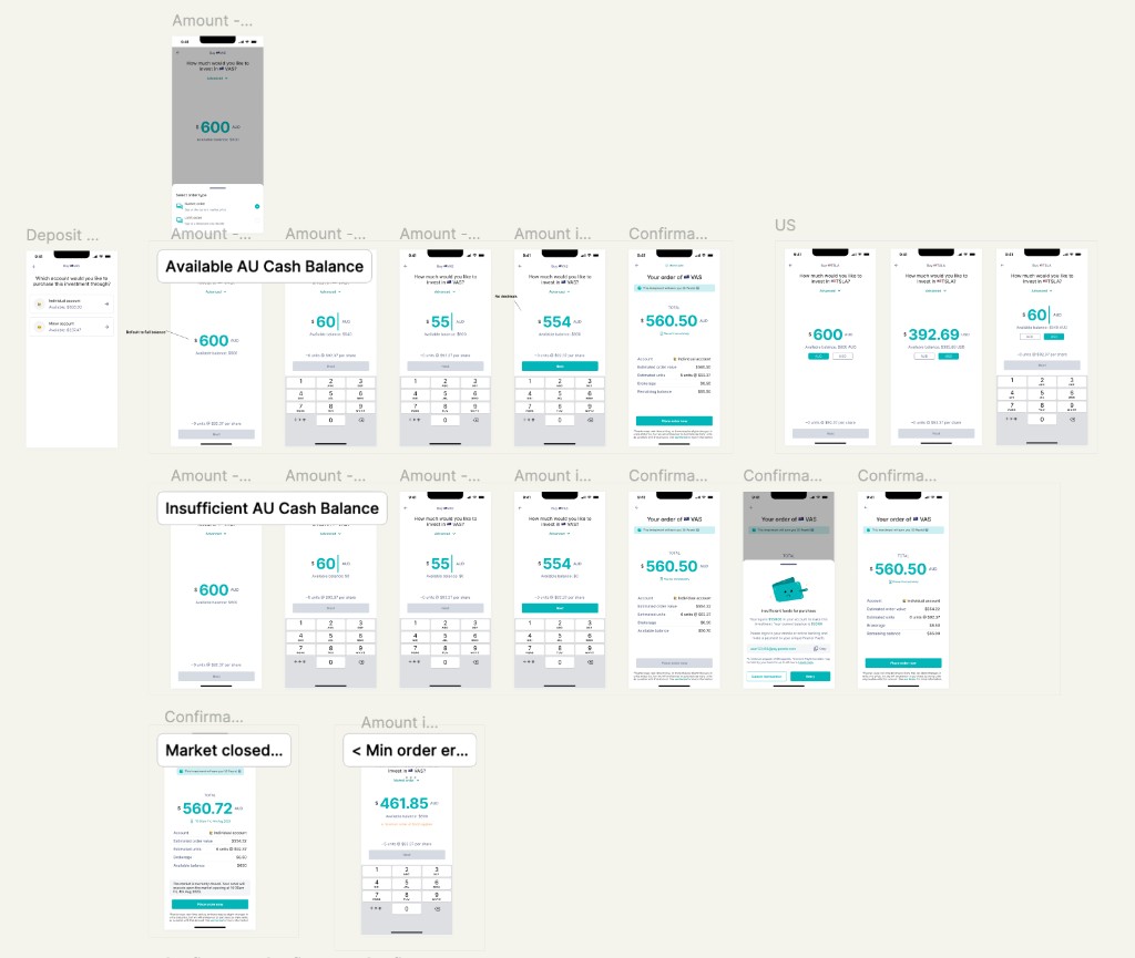 Progressive disclosure across buy and sell: amount, order type, funds, summary and edge cases