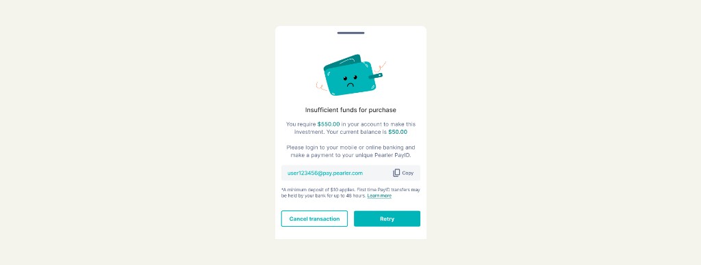 Insufficient funds error: sad wallet, PayID copy, cancel and retry