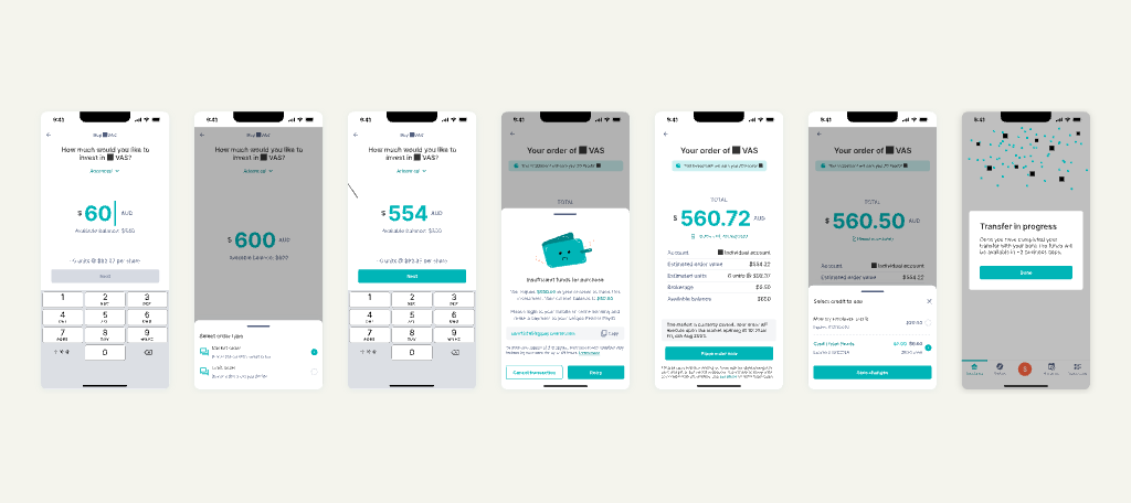 Money Actions buy flow: amount, order type, insufficient funds, summary, credits, and transfer in progress