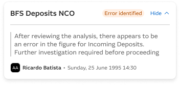 Audit log card for BFS Deposits NCO with an error identified comment