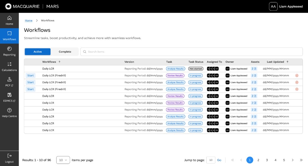 MARS Workflows status dashboard with Active Daily LCR rows, tasks, and owners
