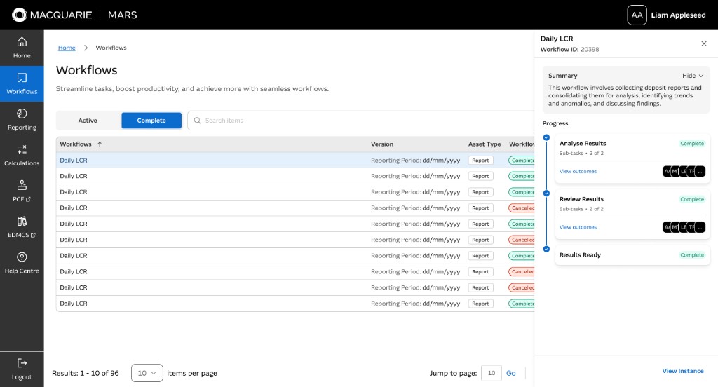 MARS Workflows overview: complete Daily LCR table with the instance drawer open