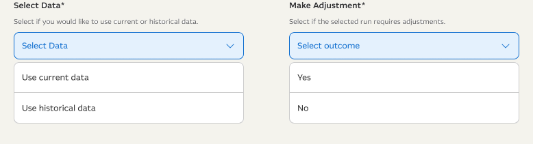 Select Data and Make Adjustment dropdowns